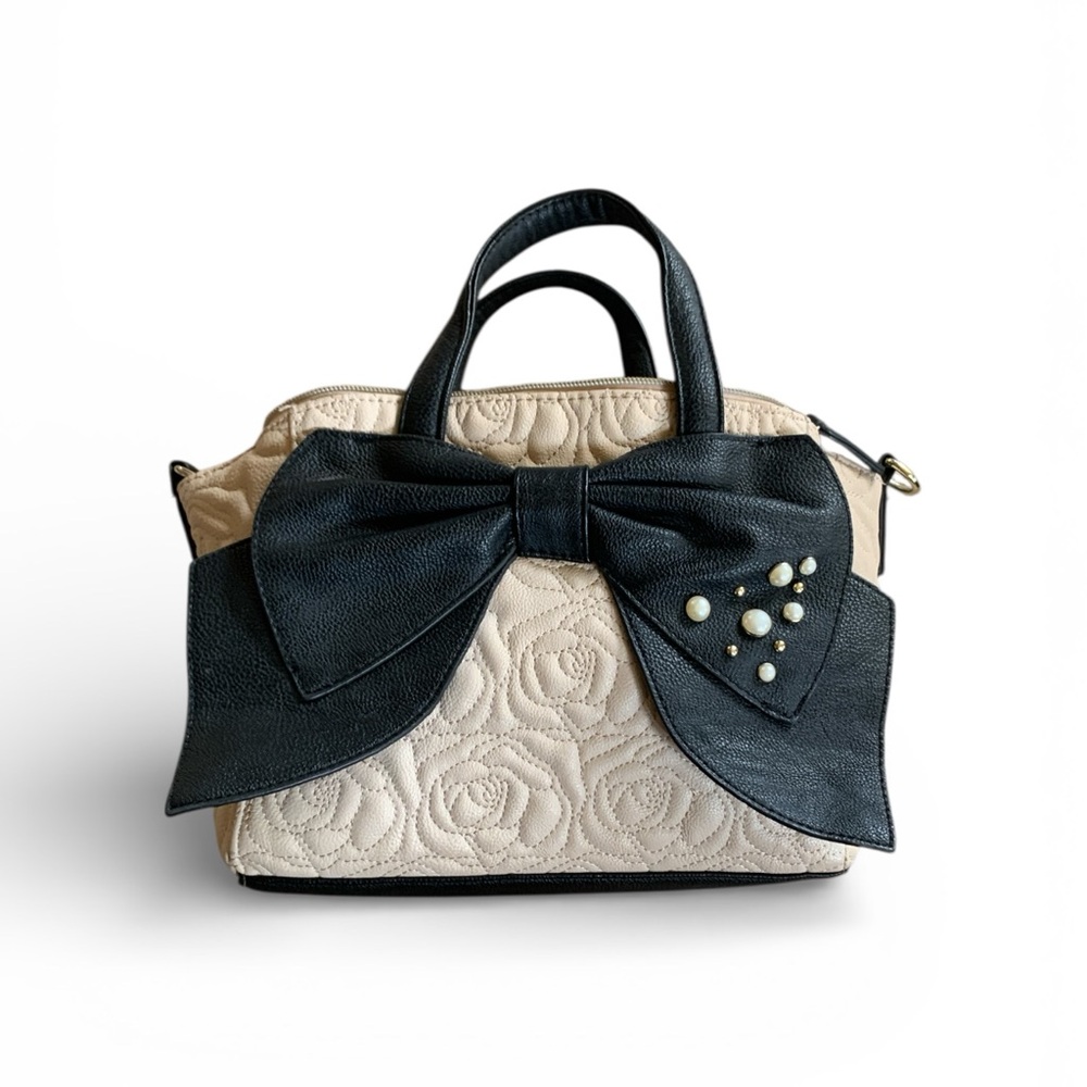 Betsey Johnson Black and Cream Satchel with Bow Detail